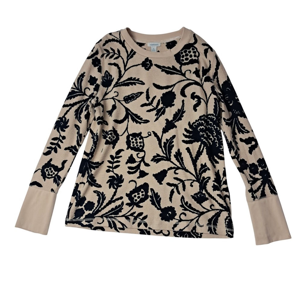 Sundance Thermal Top Womens XL Beige Black Floral Print Waffle Knit Button Cuff